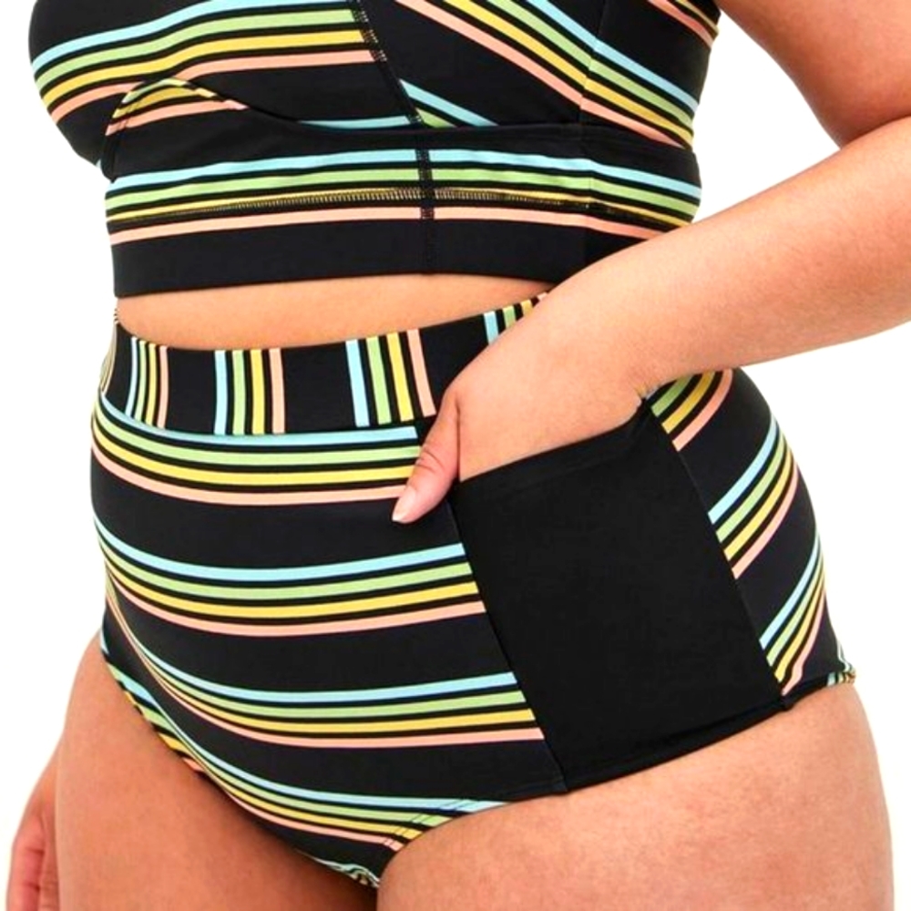 ❤️NWT TORRID ACTIVE SWIM BOTTOM HIGH RISE BRIEF POCKETS - PASTEL STRIPE - Picture 2 of 9